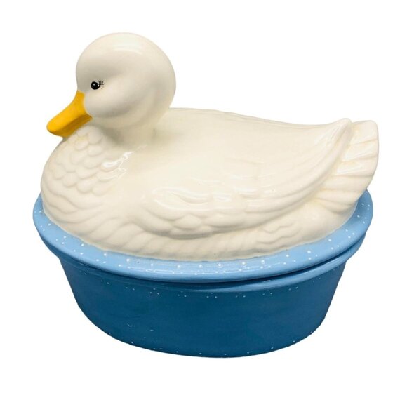 vintage duck dish with lid white light blue white dots 10x9" porcelain READ - Picture 1 of 9